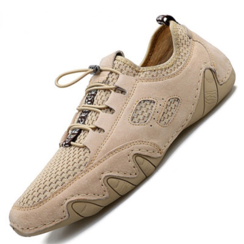 Tan Sneakers with Breathable Mesh and Brogue Detailing